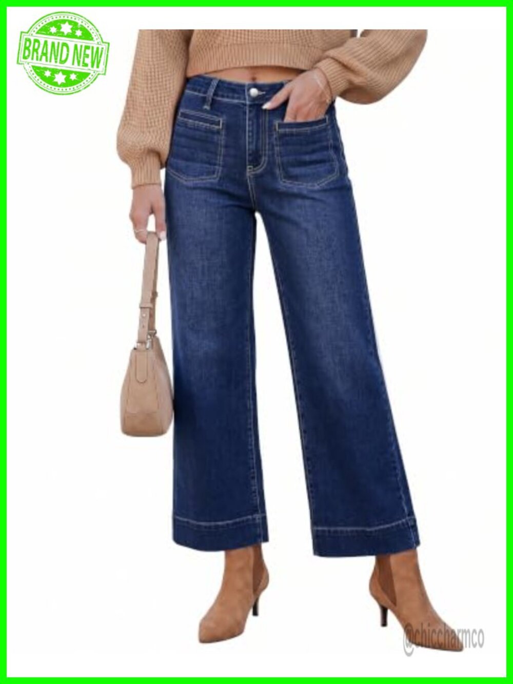 Wide Leg Cropped High Waisted Jeans Patch Pocket Stretch Denim Pants